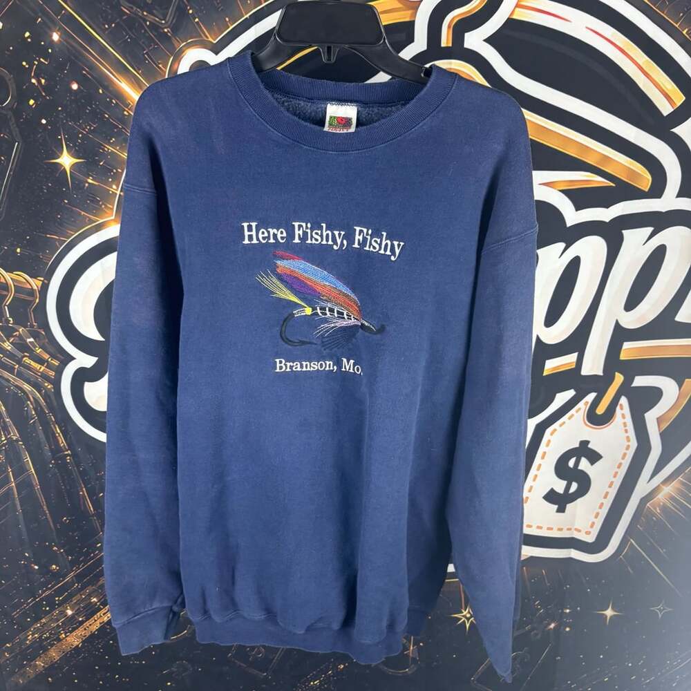 Vintage Fruit of the Loom 'Here Fishy, Fishy' Fly Fishing Sweatshirt, Blue, XL